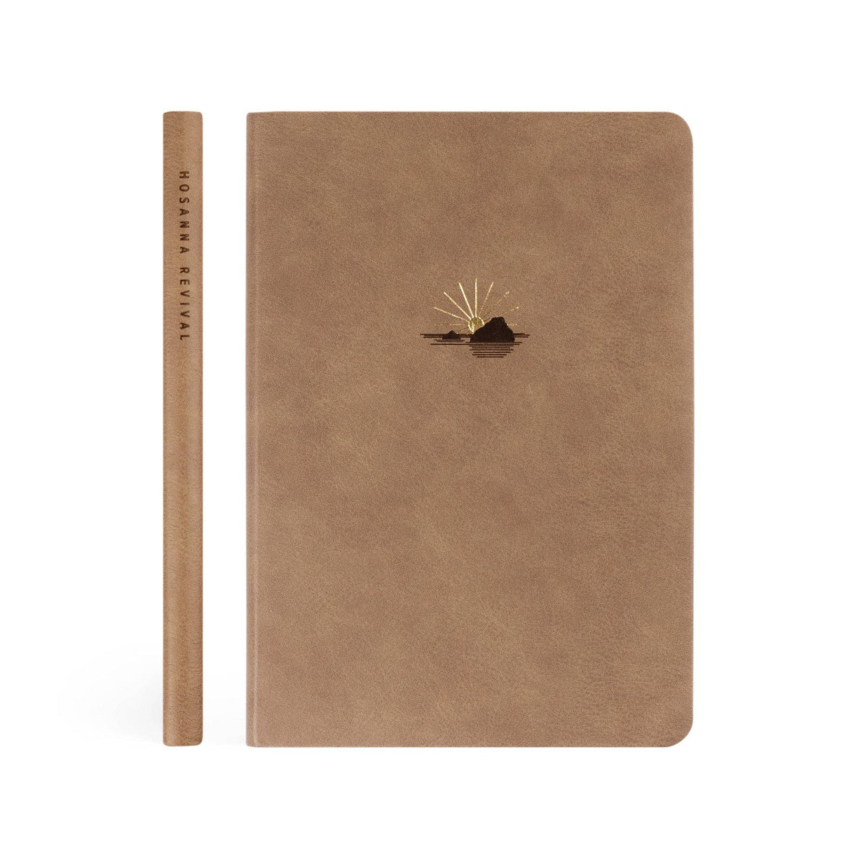 Spine beside the front cover of the taupe notebook