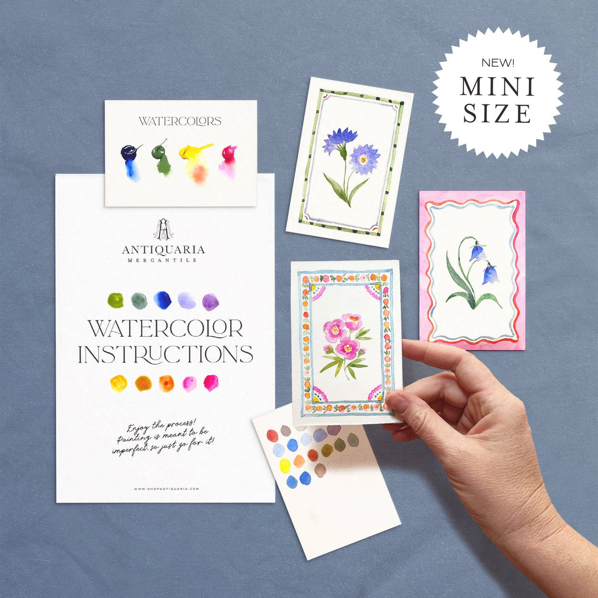 Mini flower watercolor kit: instructions, paint card and three floral designs with painted borders