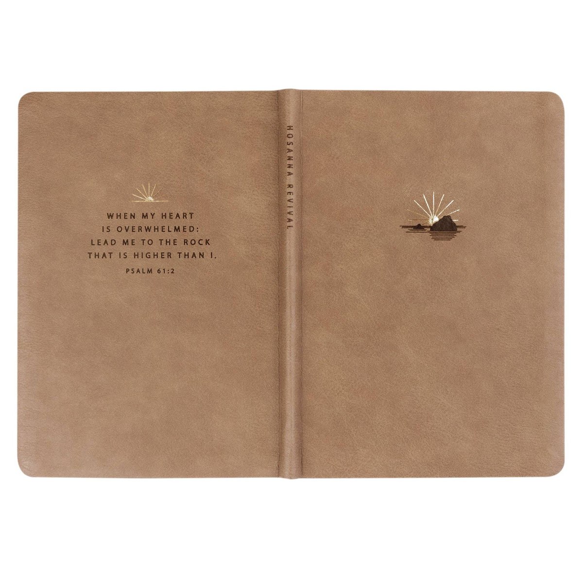 The taupe notebook opened flat, showing back and front covers