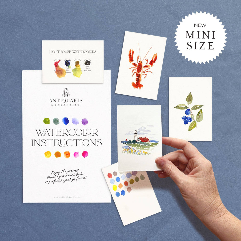 Mini lighthouse watercolor kit: instructions, paint card and lobster, blueberry and lighthouse designs