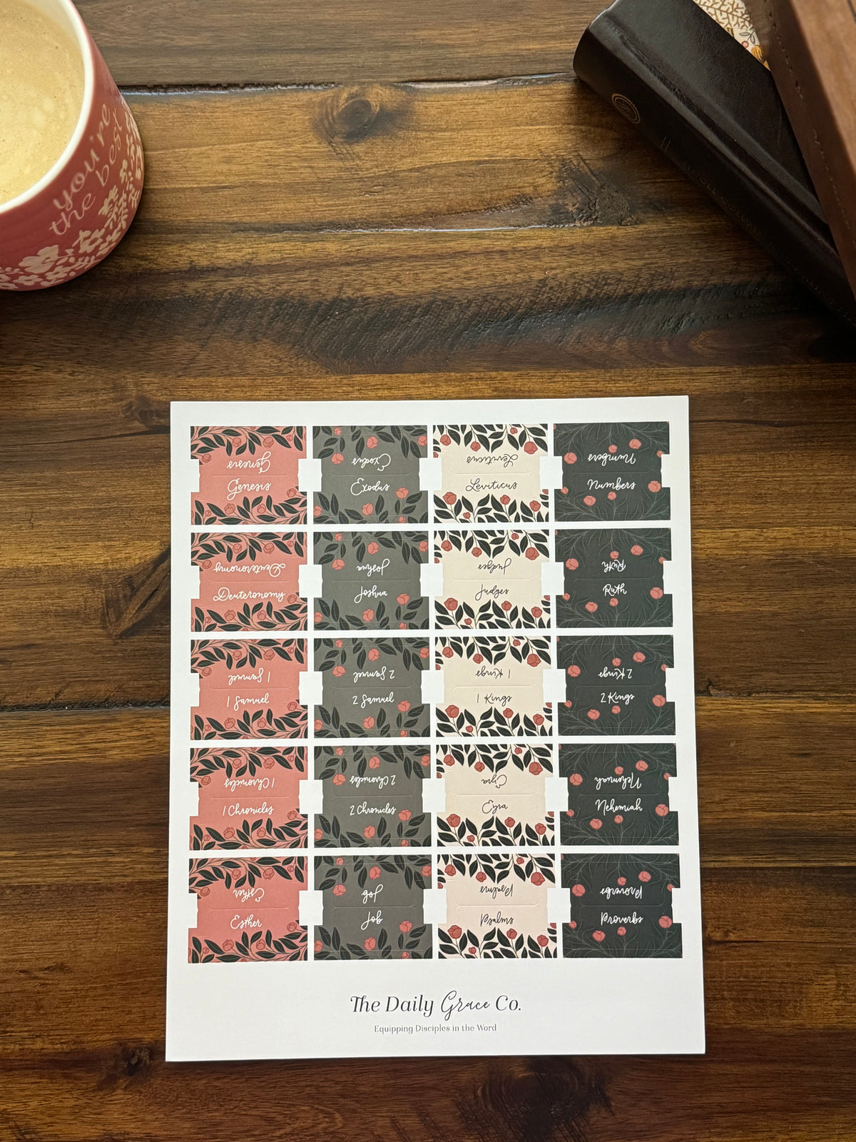 Sheet of Bible tabs in coral, charcoal and cream with a leafy print