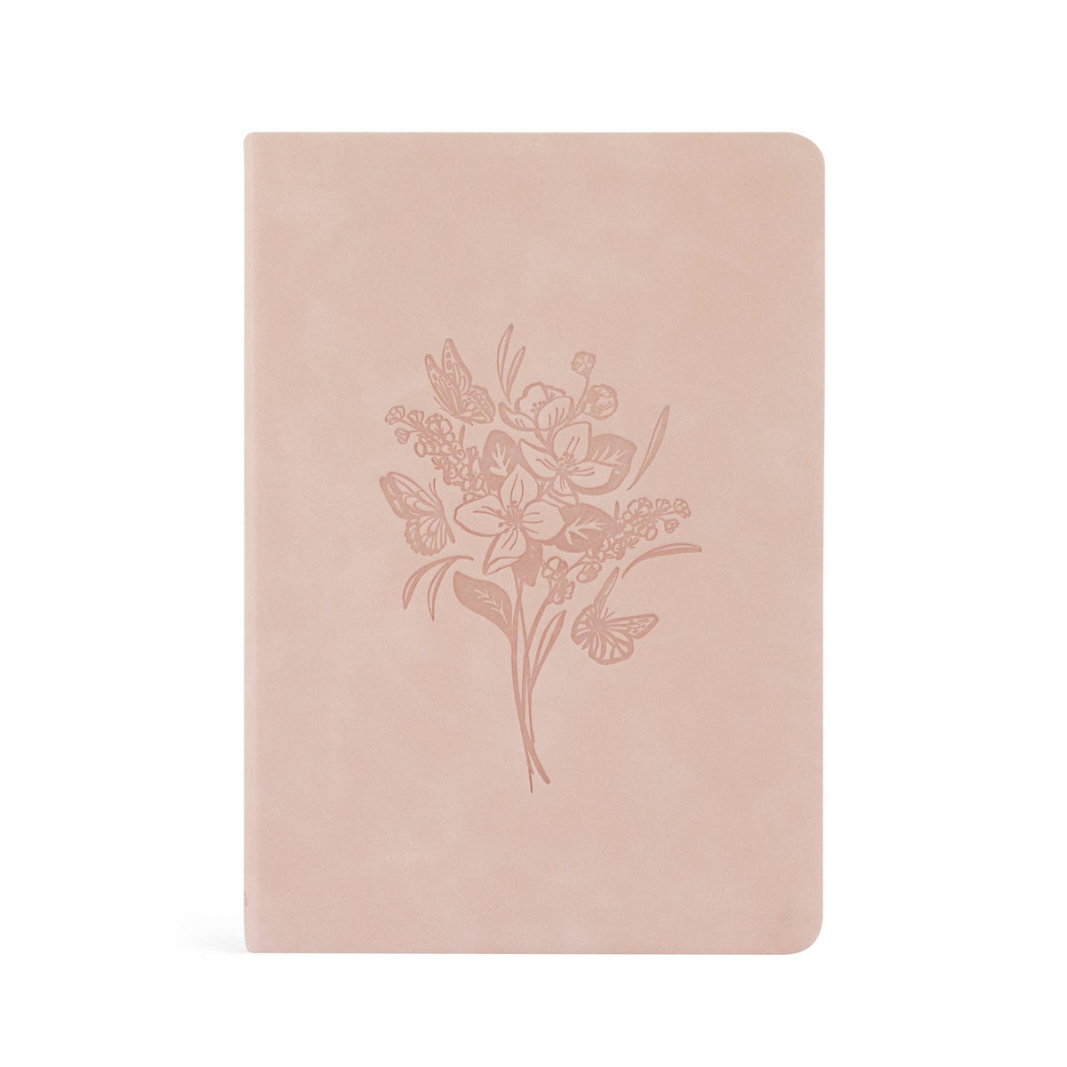 Blush pink faux-suede notebook with a tone-on-tone bouquet and butterflies
