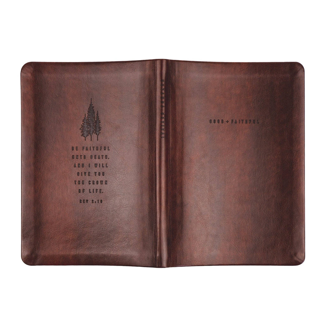 The deep brown notebook opened flat, showing back and front covers