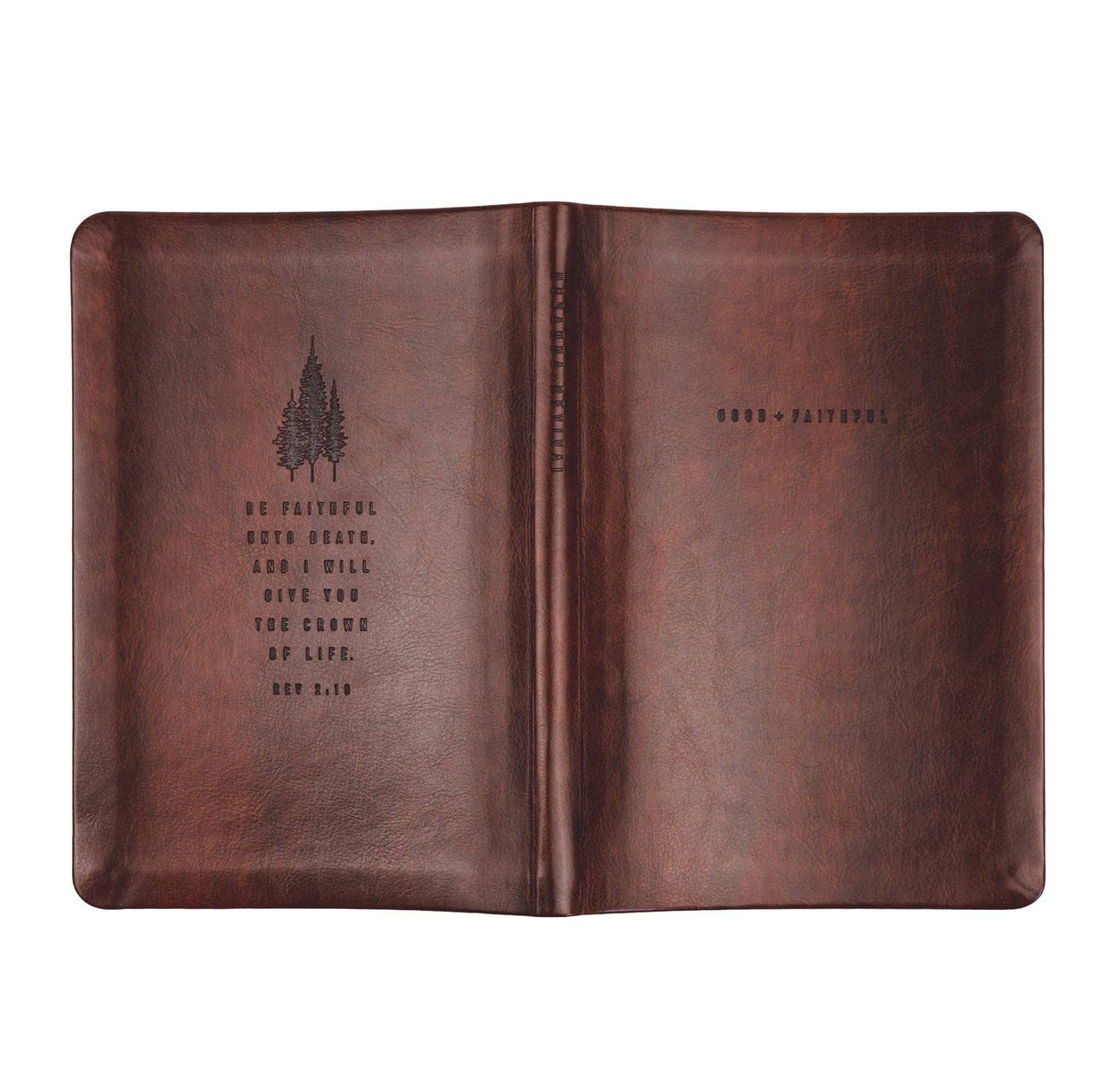 The deep brown notebook opened flat, showing back and front covers