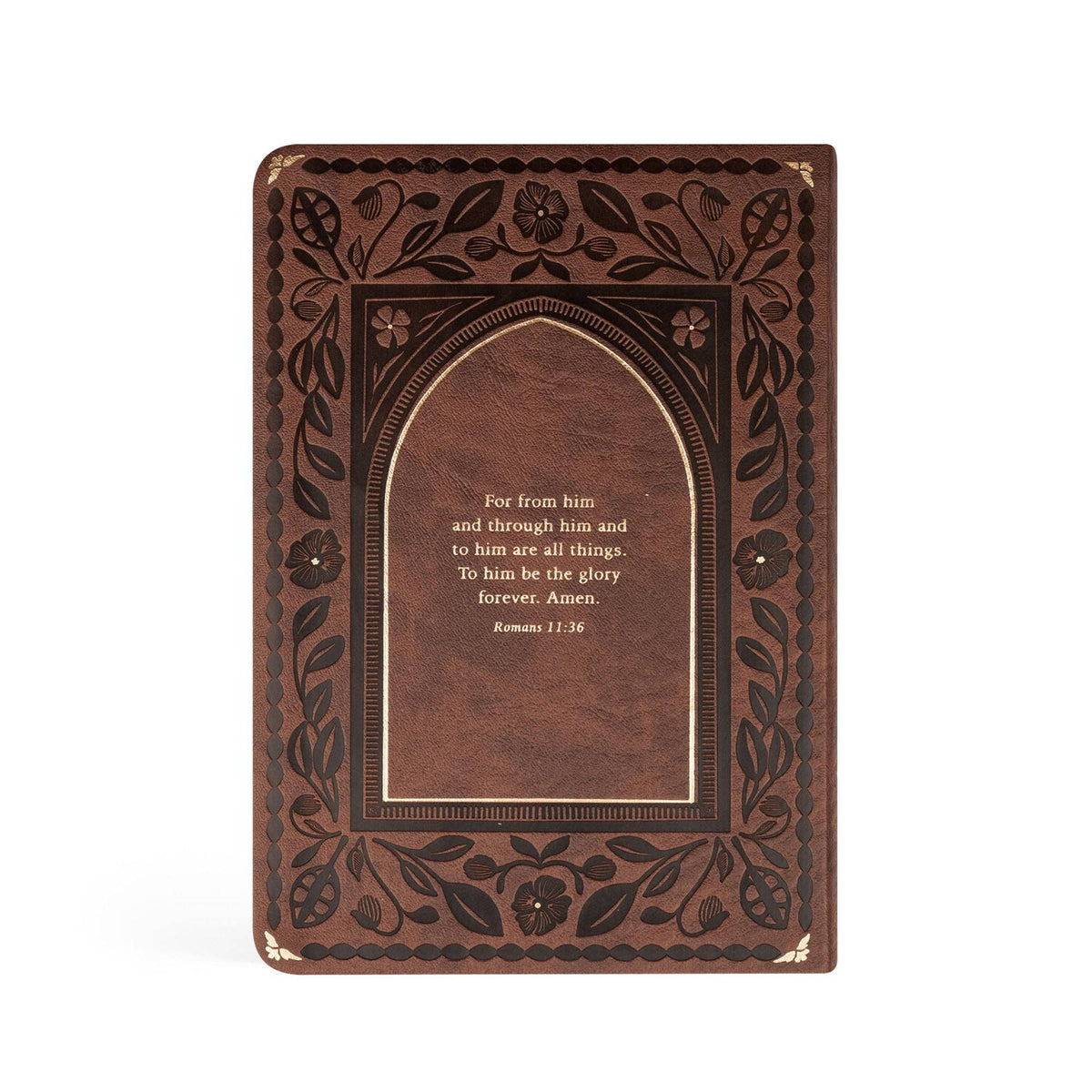 Back cover with Romans 11:36, "For from him and through him and to him are all things", in the arch