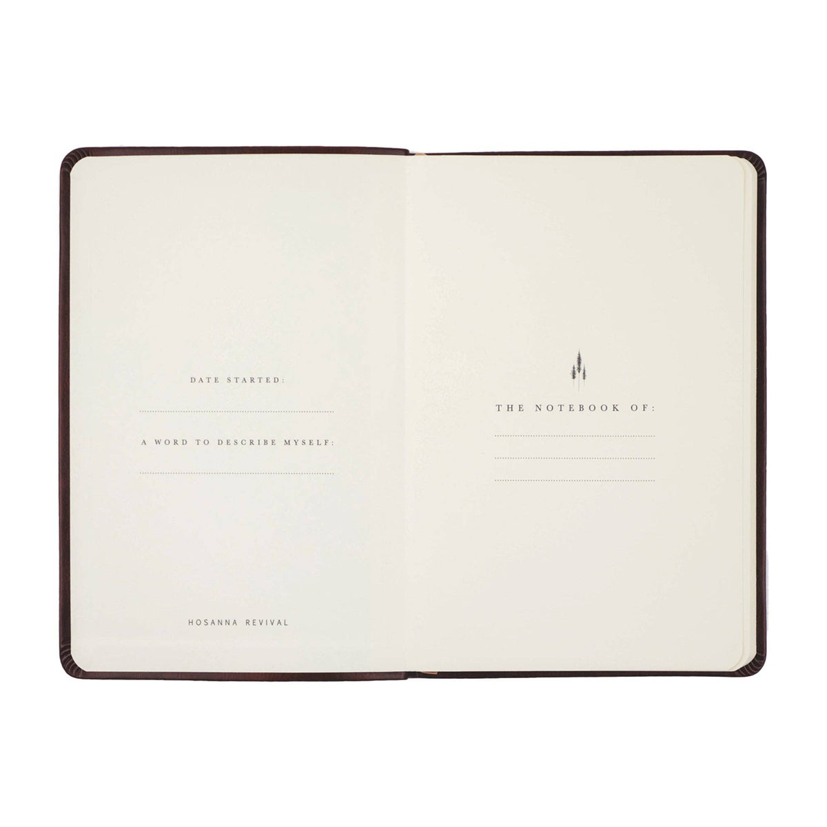 Opening pages with spaces for the owner's name, date started and a word to describe yourself