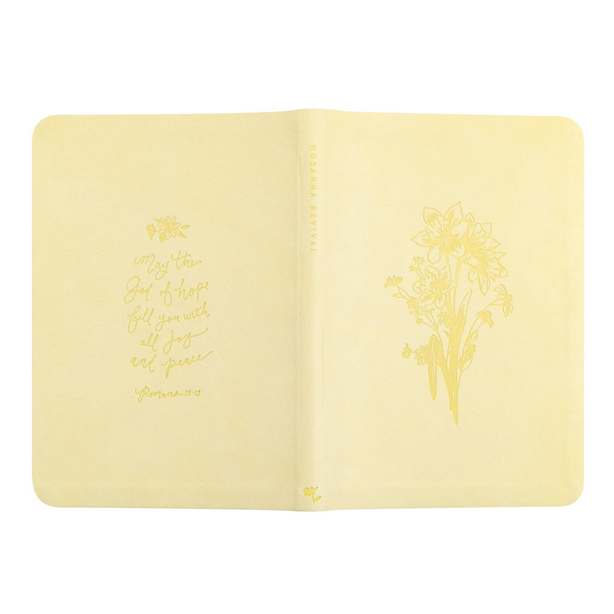 The yellow notebook opened flat, showing back and front covers
