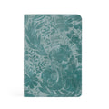 Teal faux-leather notebook embossed with large flowers and "On earth as it is in heaven"