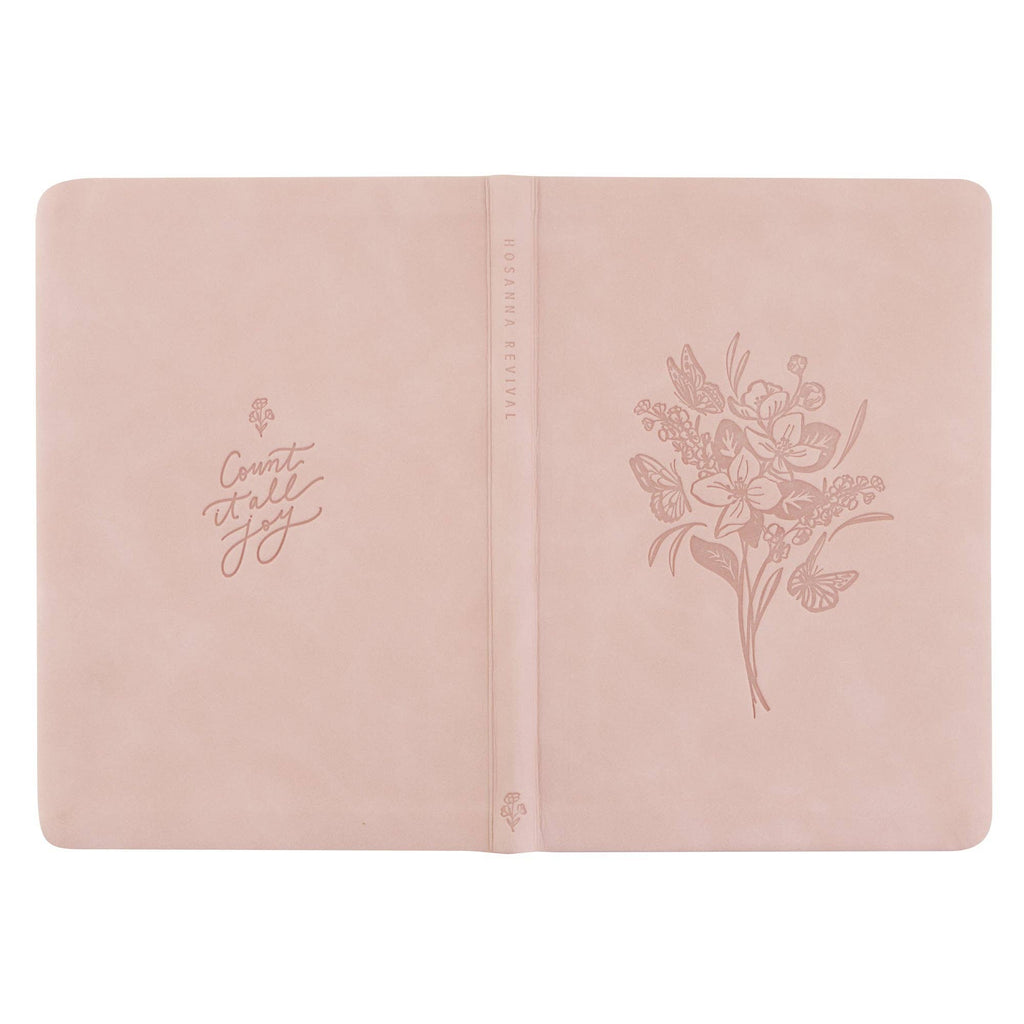 The blush notebook opened flat, showing back and front covers