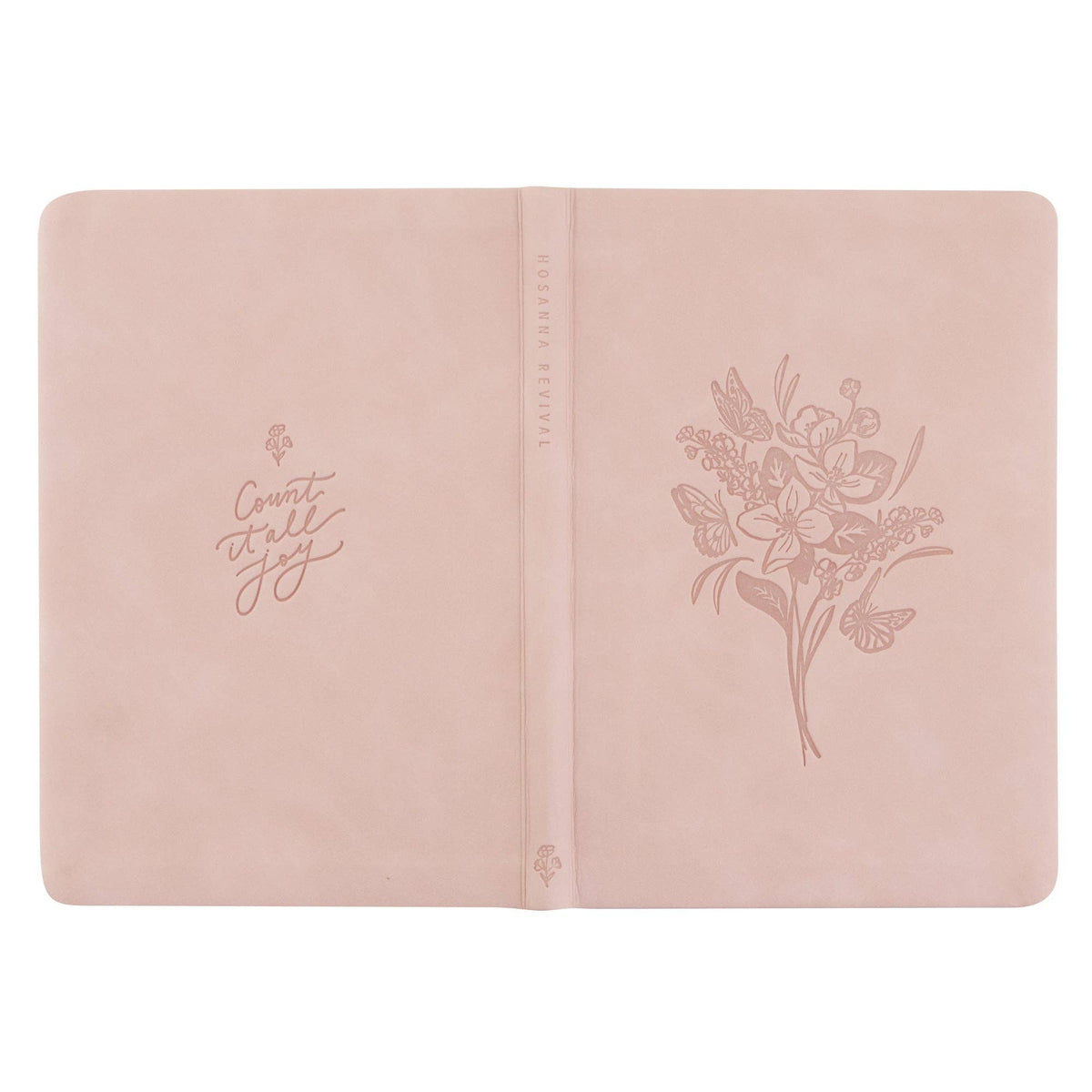 The blush notebook opened flat, showing back and front covers