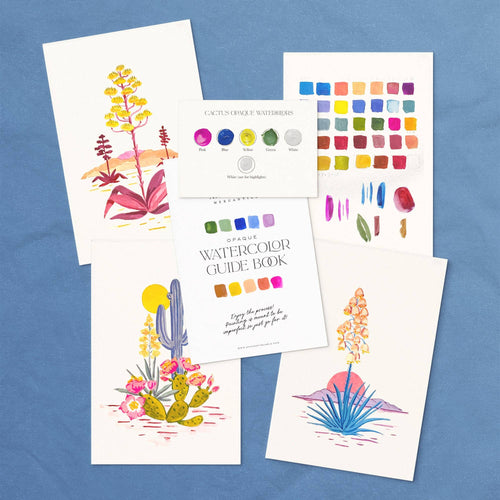 Cactus watercolor kit laid out: three desert plant designs, guide book and paint swatches