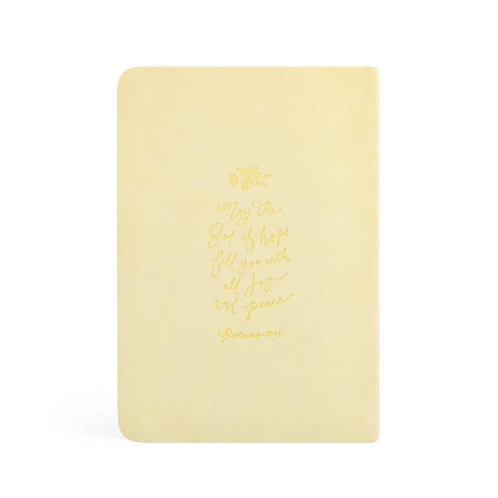 Back cover with Romans 15:13, "May the God of hope fill you with all joy and peace", in script