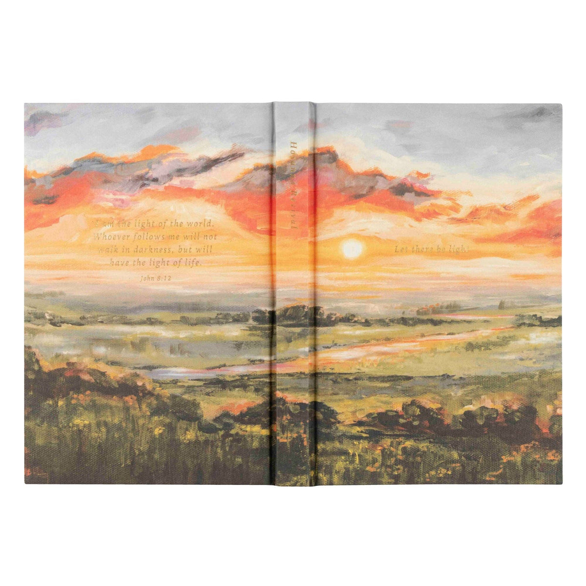 The sunset notebook opened flat, showing the painting wrapping front to back
