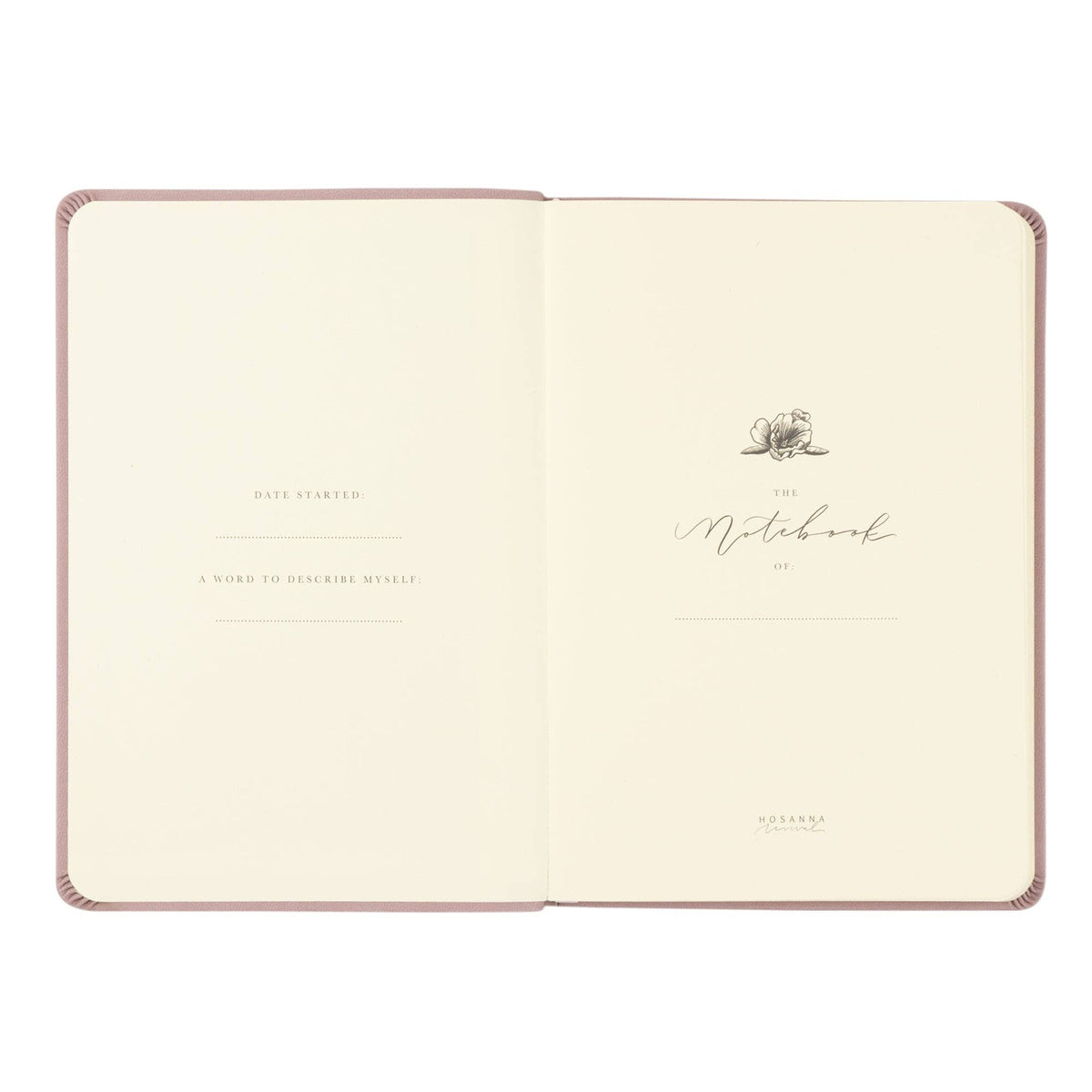 Opening pages with spaces for the owner's name, date started and a word to describe yourself