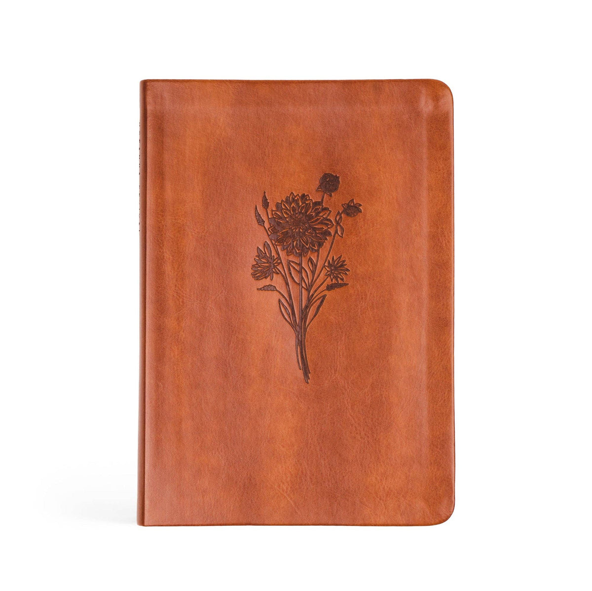 Cognac faux-leather notebook with a debossed wildflower bouquet on the front
