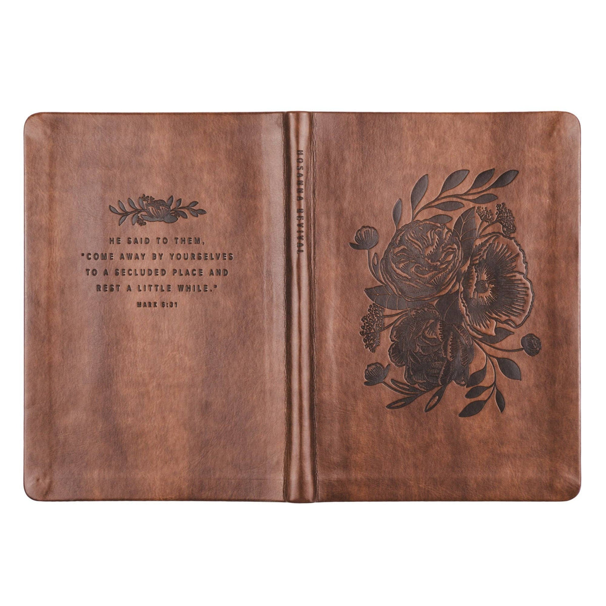 The brown notebook opened flat, showing back and front covers