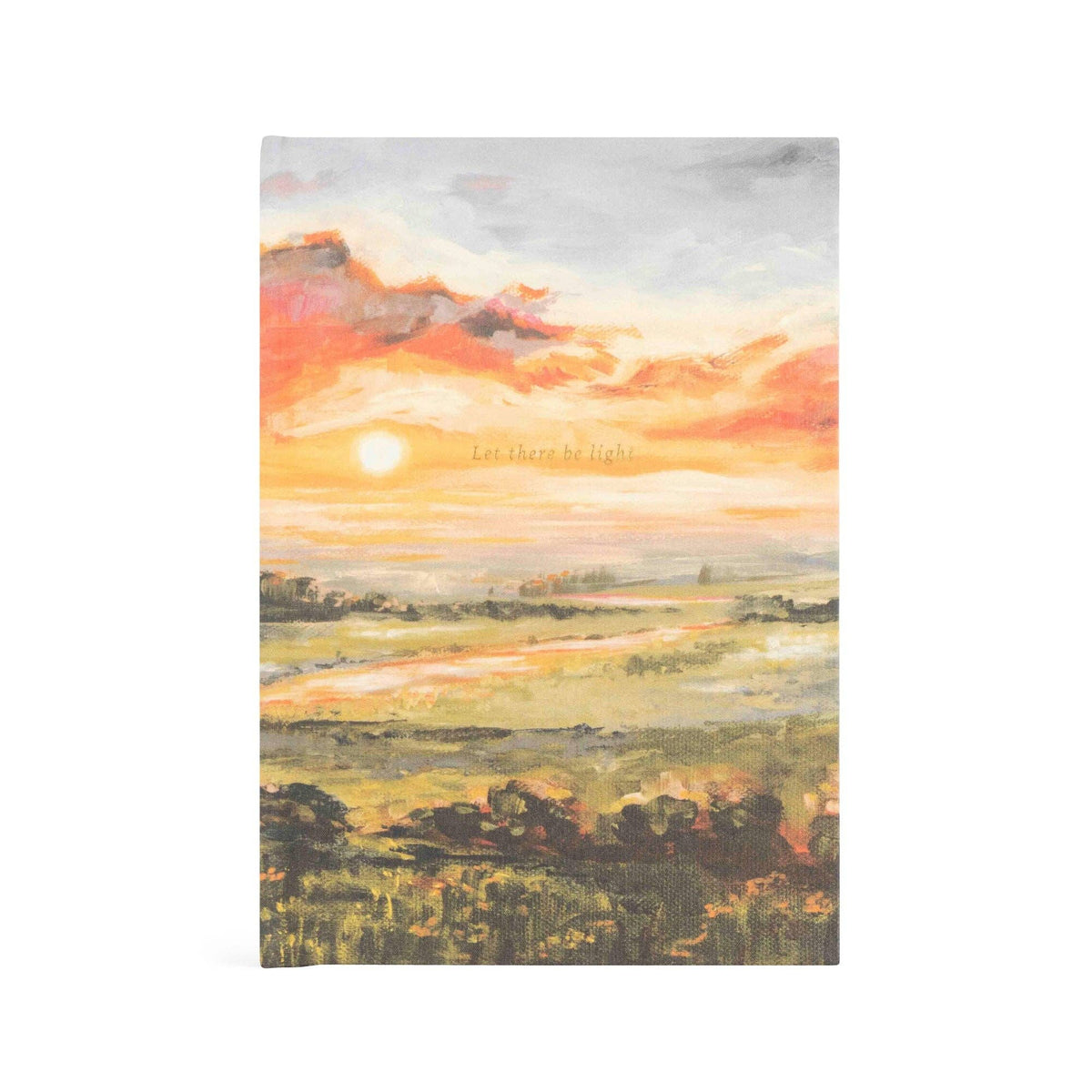 Hardcover notebook with a painted sunset over marshland and "Let there be light"