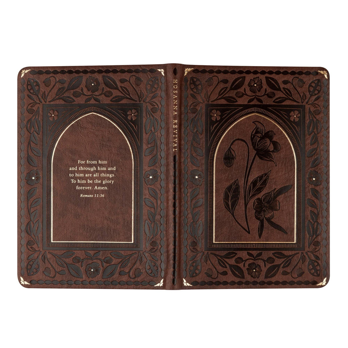 The arched notebook opened flat, showing back and front covers