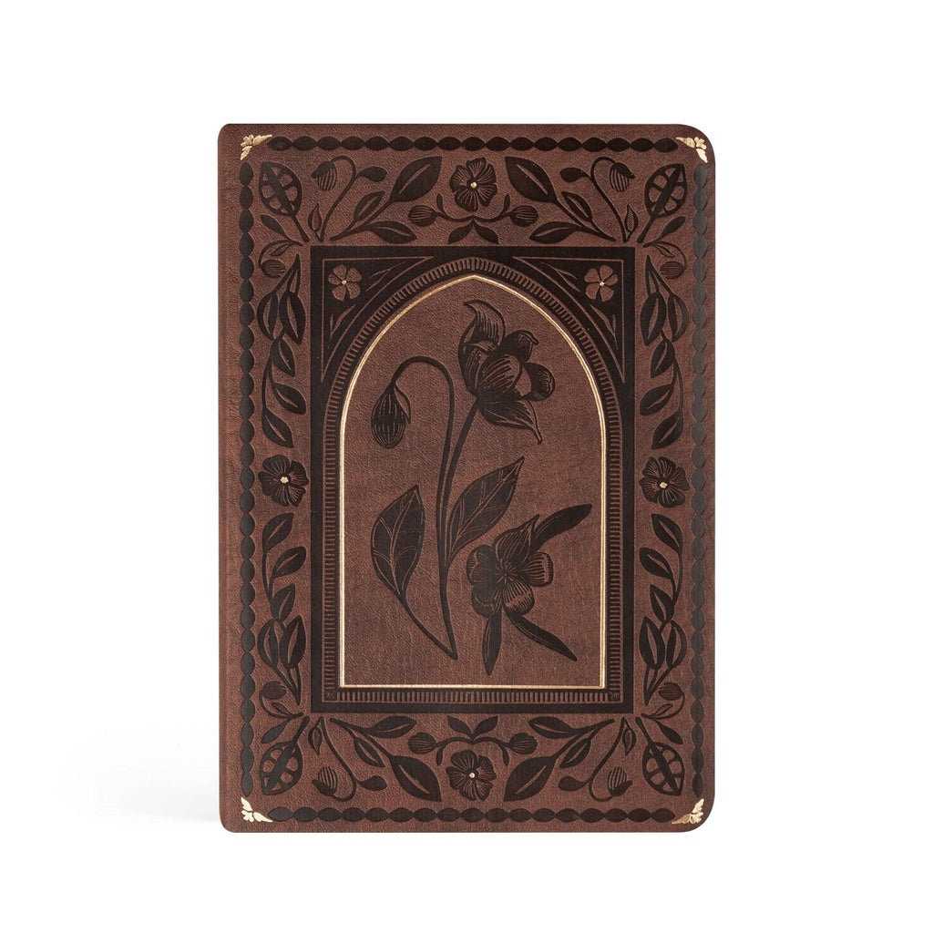 Brown faux-leather notebook debossed with an arched window, a single flower and a floral border