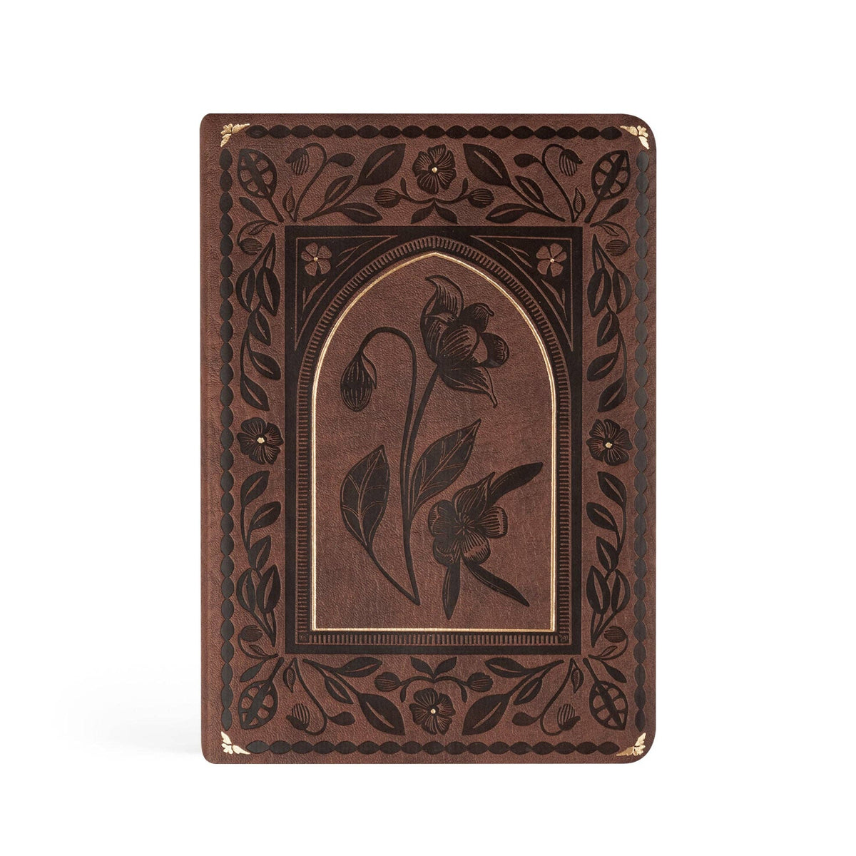 Brown faux-leather notebook debossed with an arched window, a single flower and a floral border