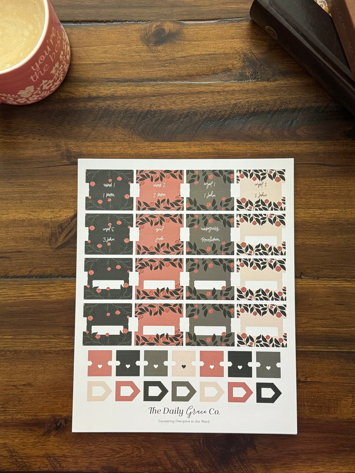 Second sheet of the coral and charcoal Bible tabs with blank tabs and arrow markers