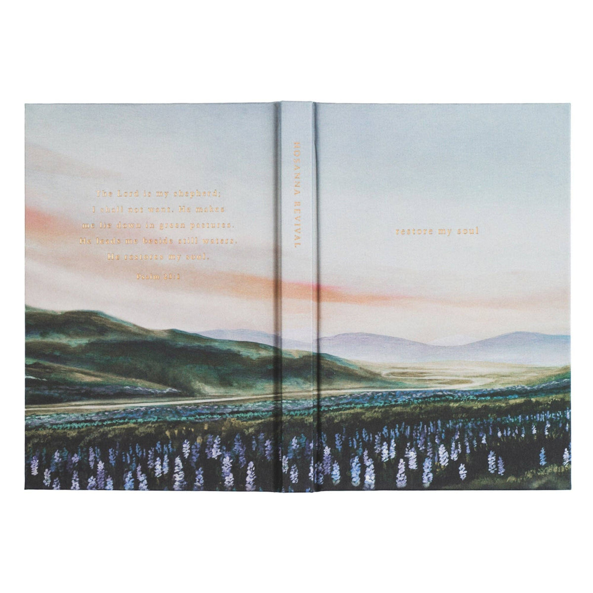 The lupine notebook opened flat, showing the painting wrapping front to back