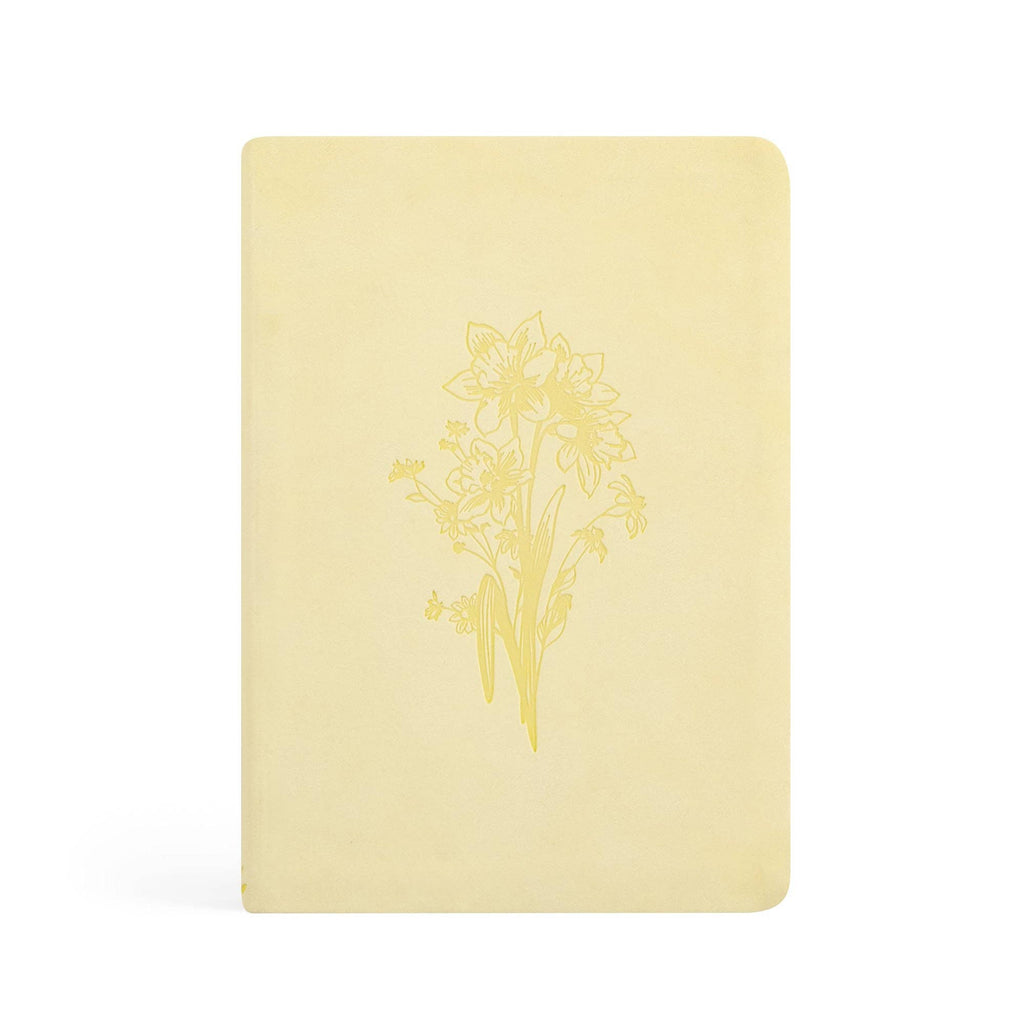 Butter yellow faux-suede notebook with a tone-on-tone daffodil bouquet