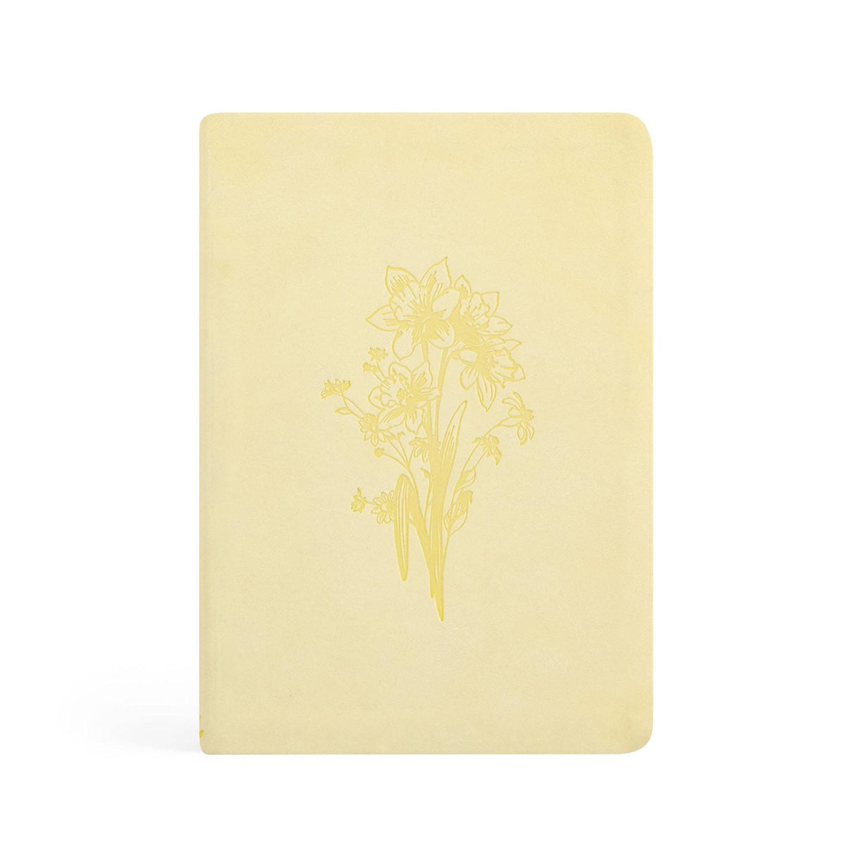 Butter yellow faux-suede notebook with a tone-on-tone daffodil bouquet