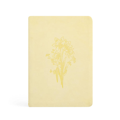 Butter yellow faux-suede notebook with a tone-on-tone daffodil bouquet
