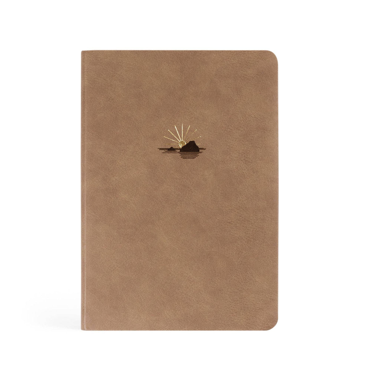 Taupe faux-leather notebook with a small gold sun rising over a rock