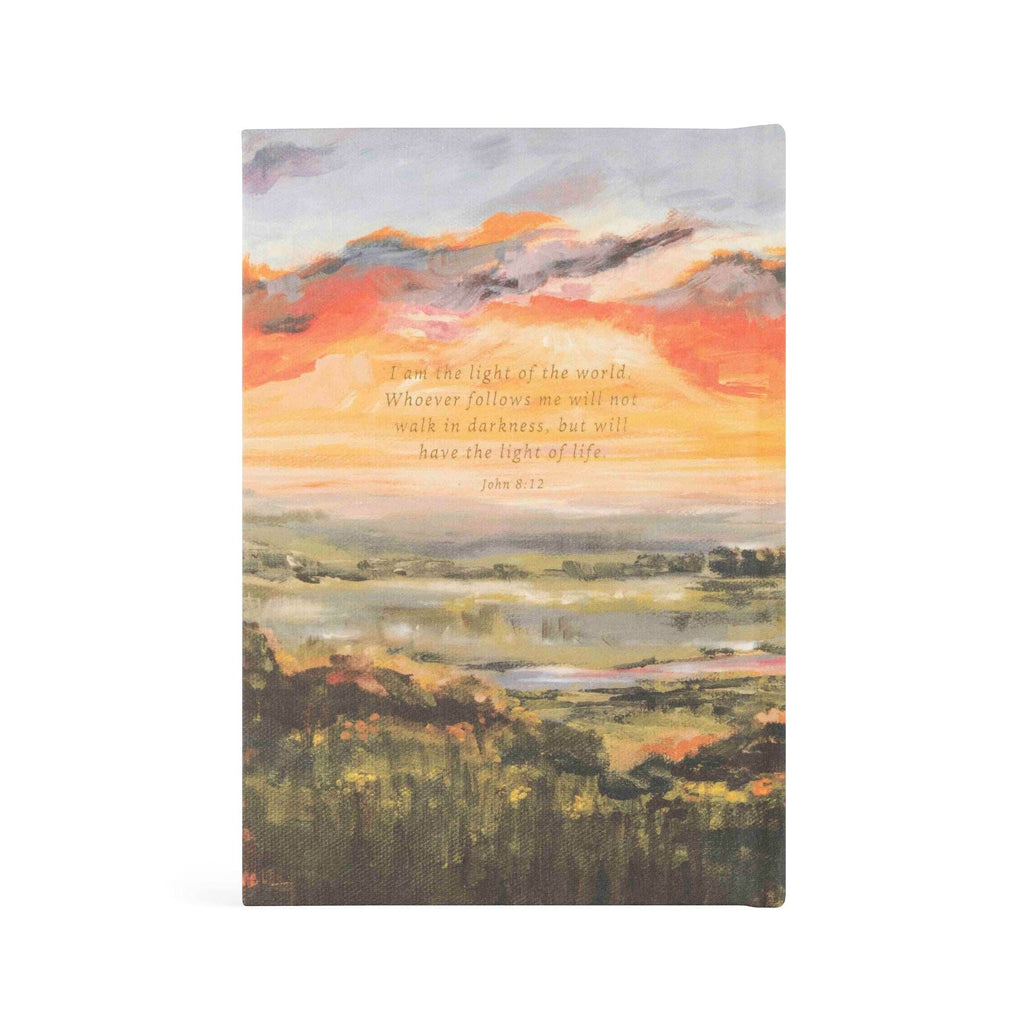 Back cover of the sunset notebook with John 8:12, "I am the light of the world"