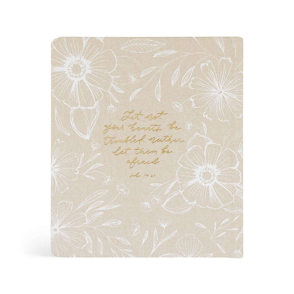 Back cover with John 14:27, "Let not your hearts be troubled", in gold script