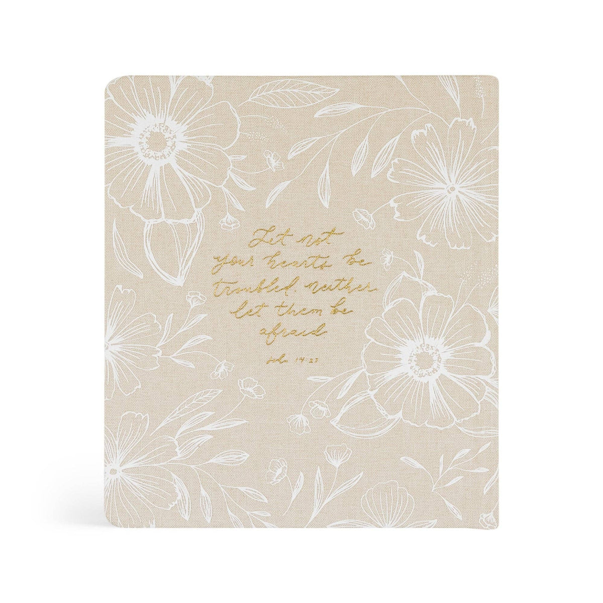 Back cover with John 14:27, "Let not your hearts be troubled", in gold script