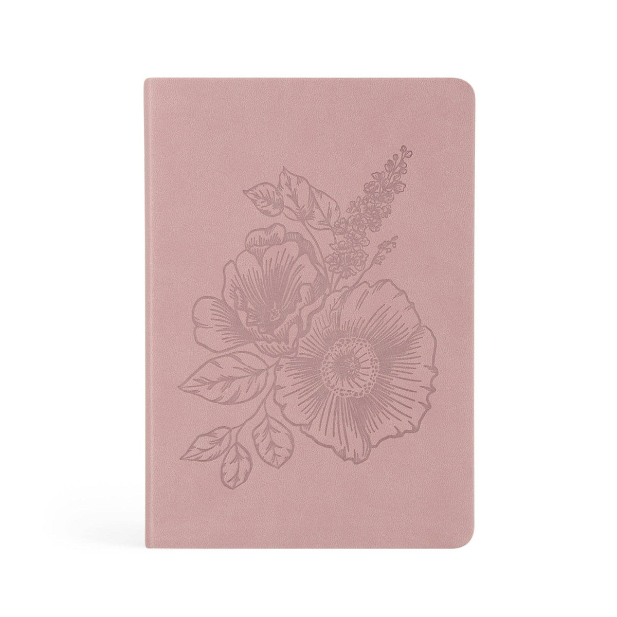 Dusty mauve faux-leather notebook with a tone-on-tone poppy and larkspur bouquet