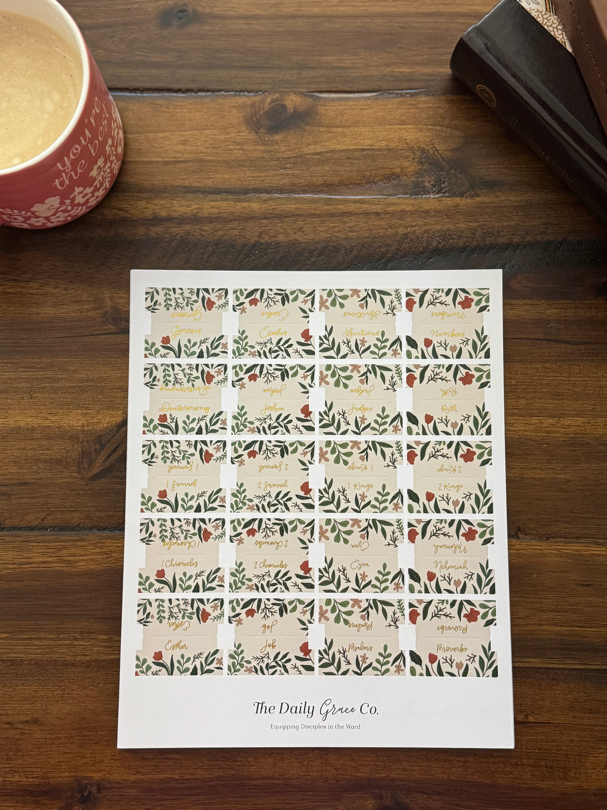Sheet of Bible tabs with a cream, green leaf and red berry botanical print