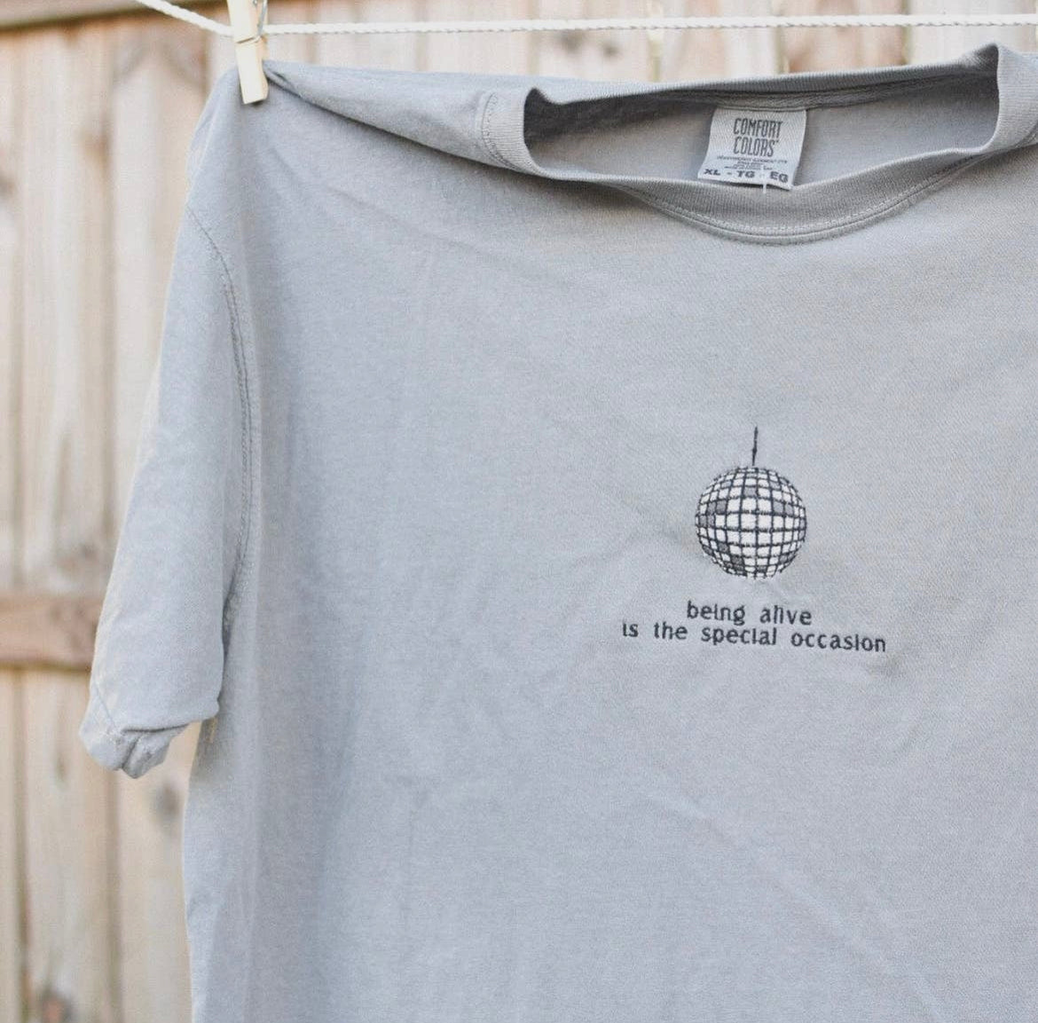 Gray tee with a small disco ball and "being alive is the special occasion" printed on the chest