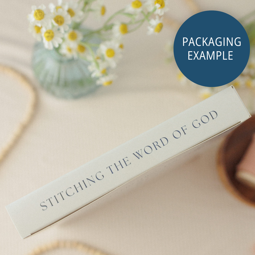 Packaging example: box edge reading "Stitching the Word of God"