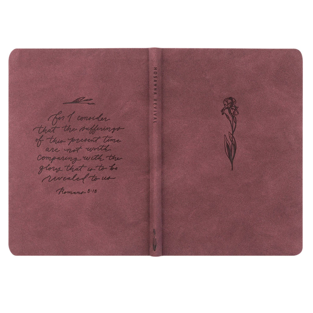 The berry notebook opened flat, showing back and front covers