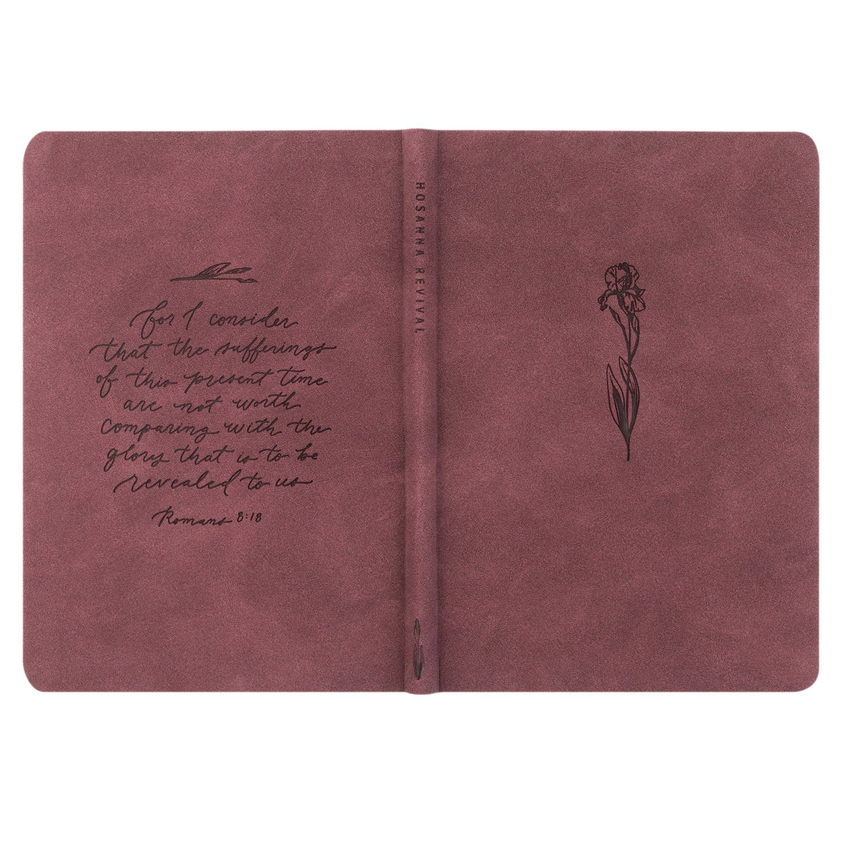 The berry notebook opened flat, showing back and front covers