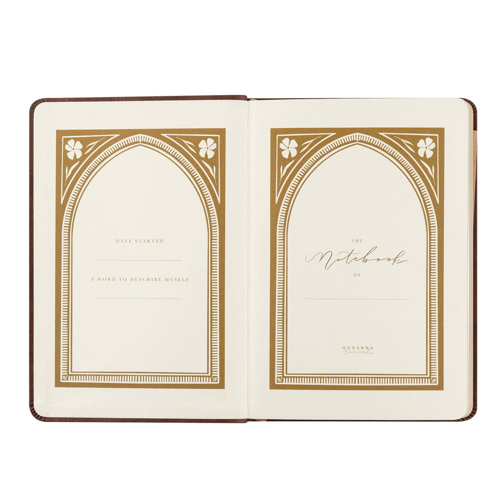 Opening pages framed by gold arches, with spaces for the owner's name and date started