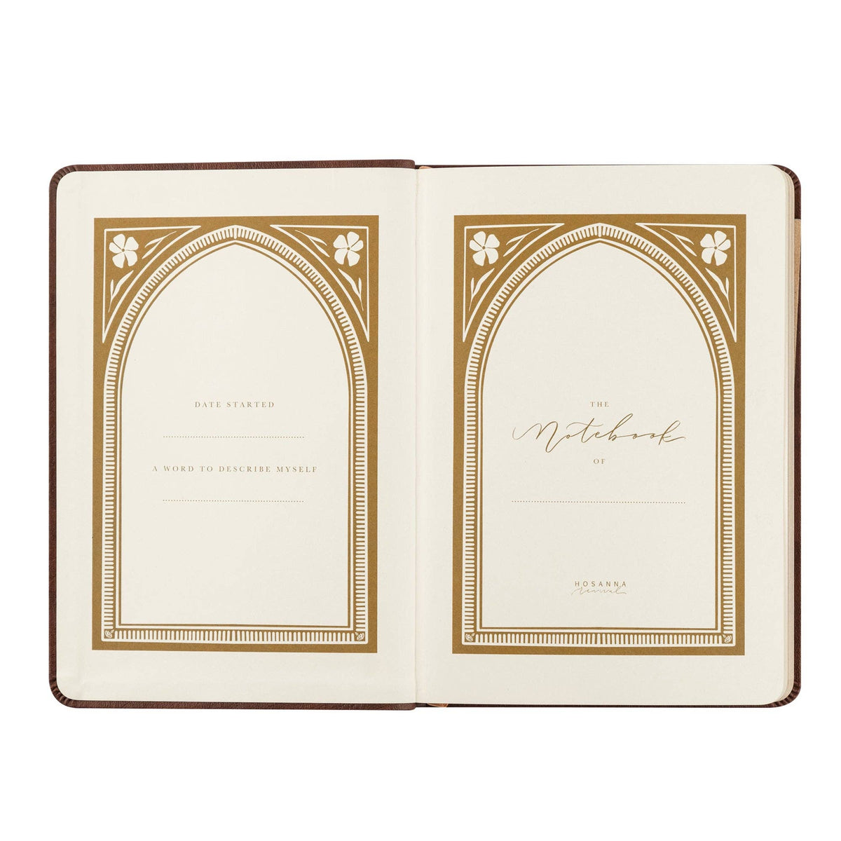Opening pages framed by gold arches, with spaces for the owner's name and date started