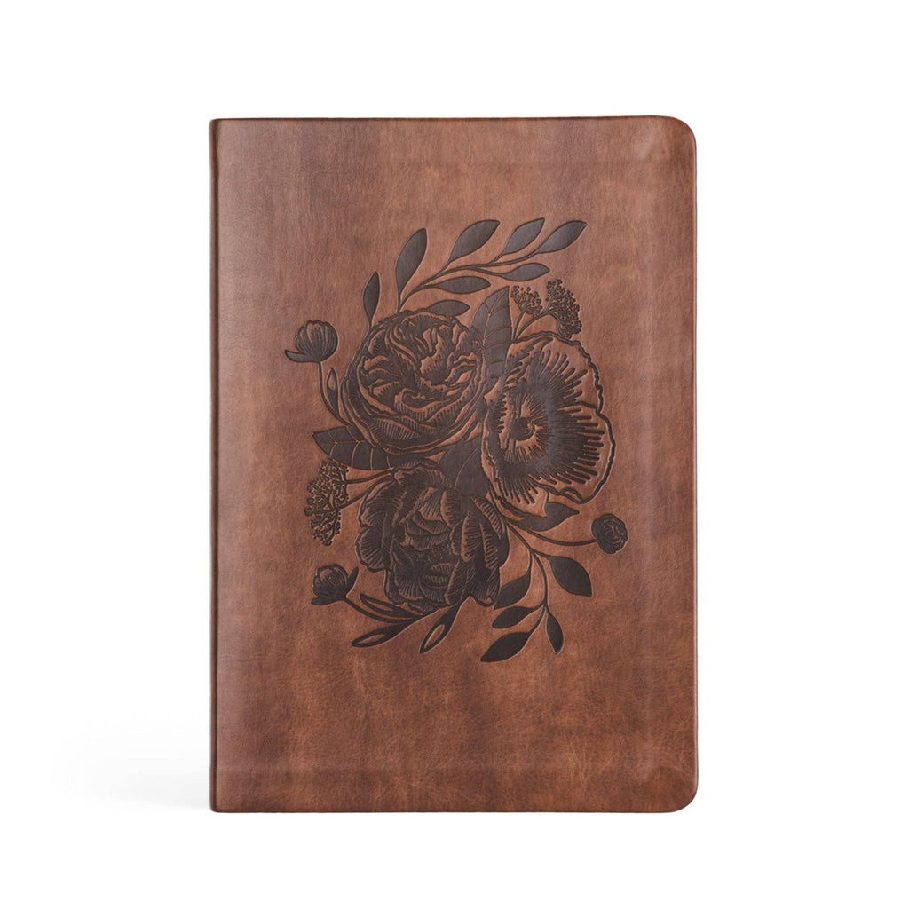 Dark brown faux-leather notebook with a debossed bouquet of roses and poppies