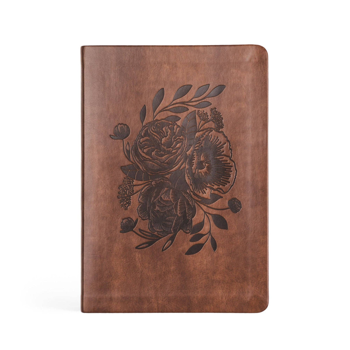 Dark brown faux-leather notebook with a debossed bouquet of roses and poppies
