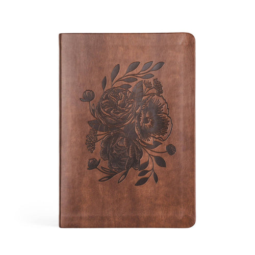 Dark brown faux-leather notebook with a debossed bouquet of roses and poppies