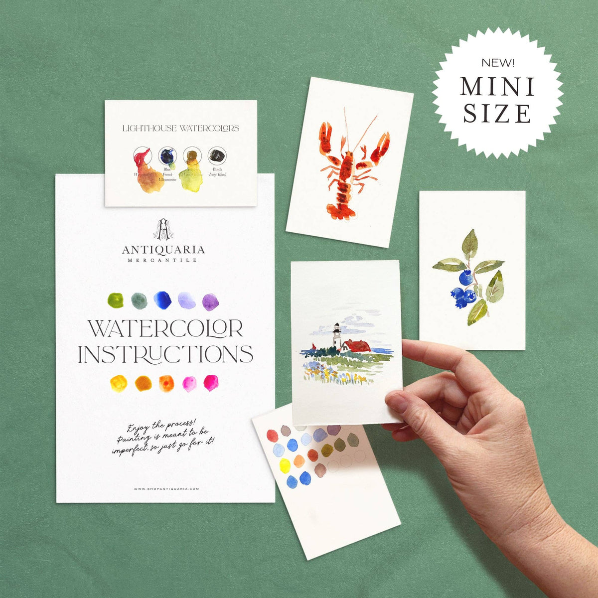 Hand holding the lighthouse card above the kit's instructions and paint card, on green