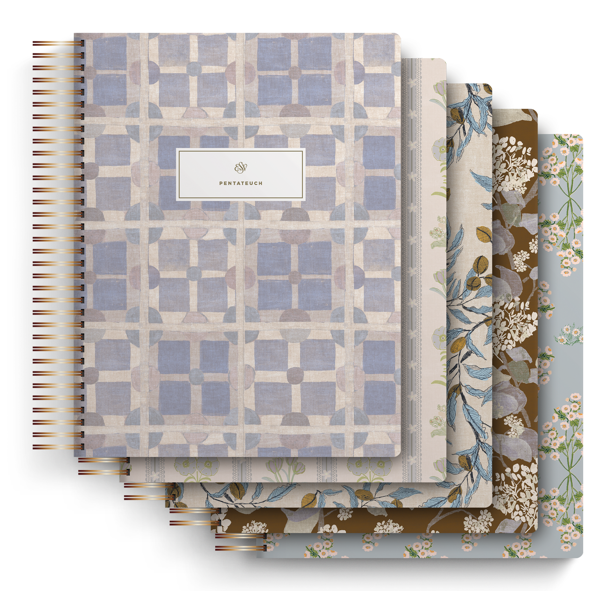 A stack of six patterned spiral-bound journals from the Abide range