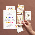 Mini woodland watercolor kit: instructions, paint card and squirrel, rabbit and owl designs