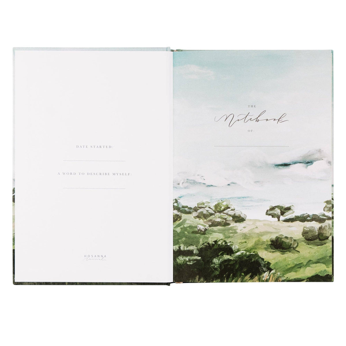 Opening pages printed with the hills, with spaces for the owner's name and date started