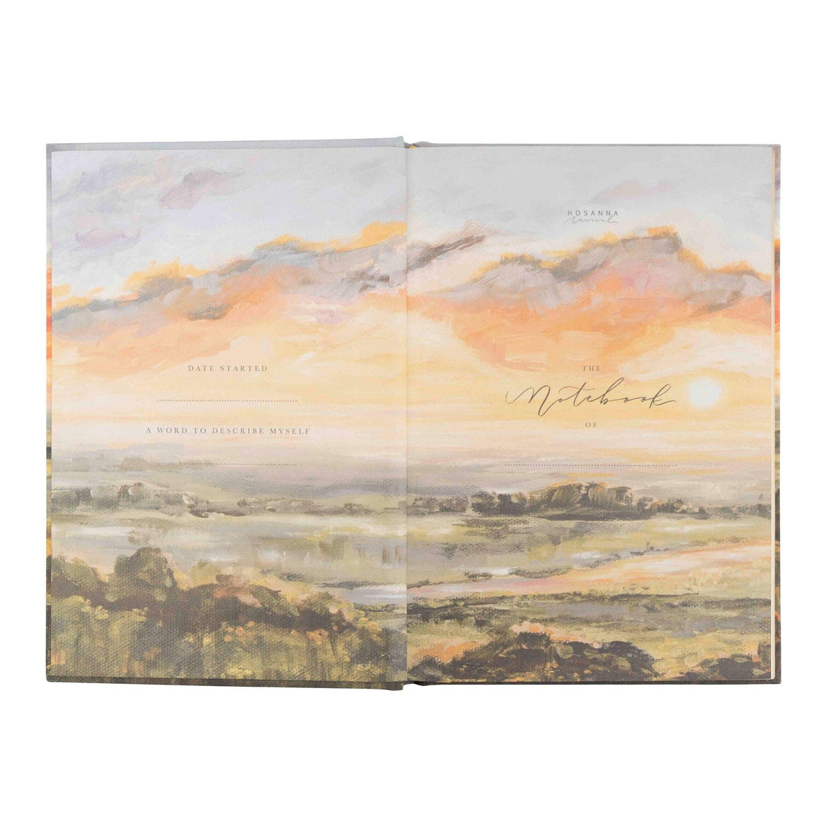 Opening pages printed with the sunset, with spaces for the owner's name and date started