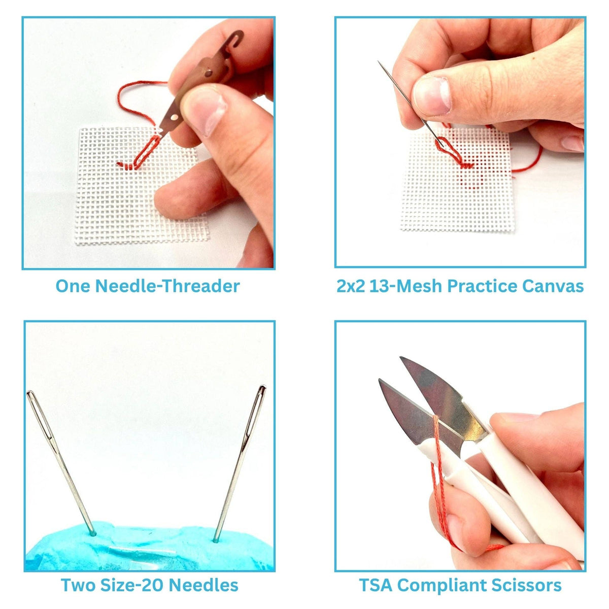 What's in the kit: a needle threader, a small practice canvas, two needles and travel-safe snips